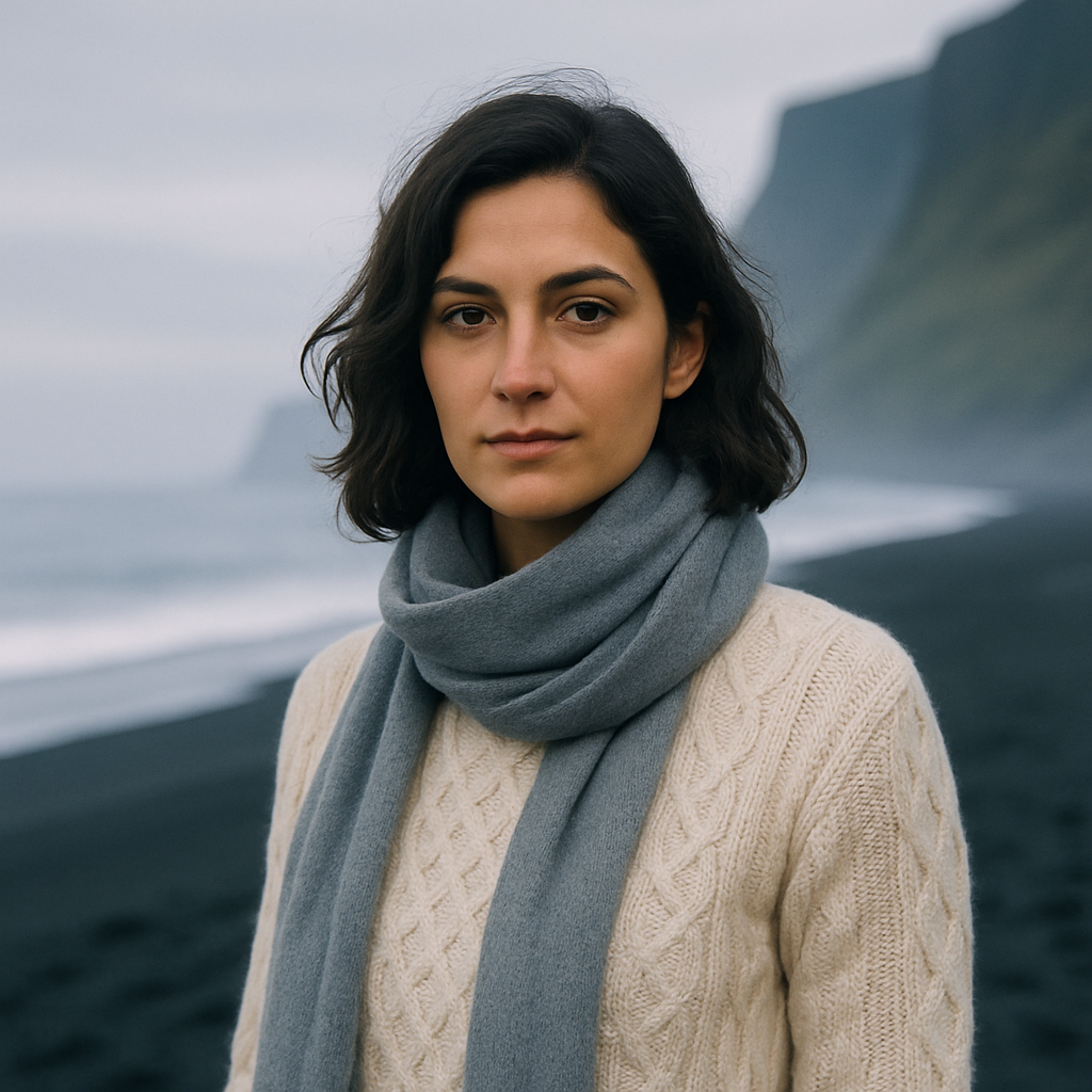 Portrait of a solo woman traveler in Iceland with windswept hair