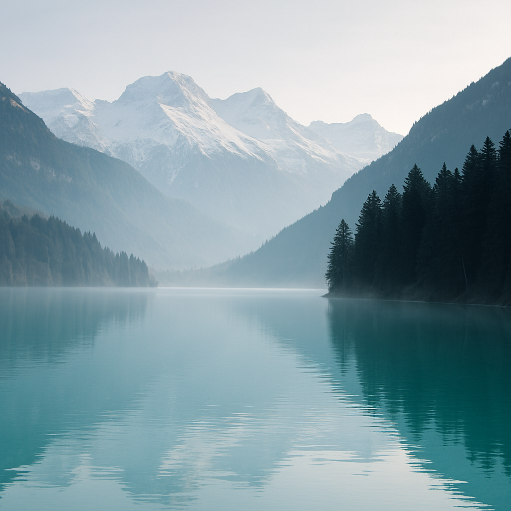 Turquoise alpine lake near Interlaken framed by snow-capped peaks and pine forest in soft morning light