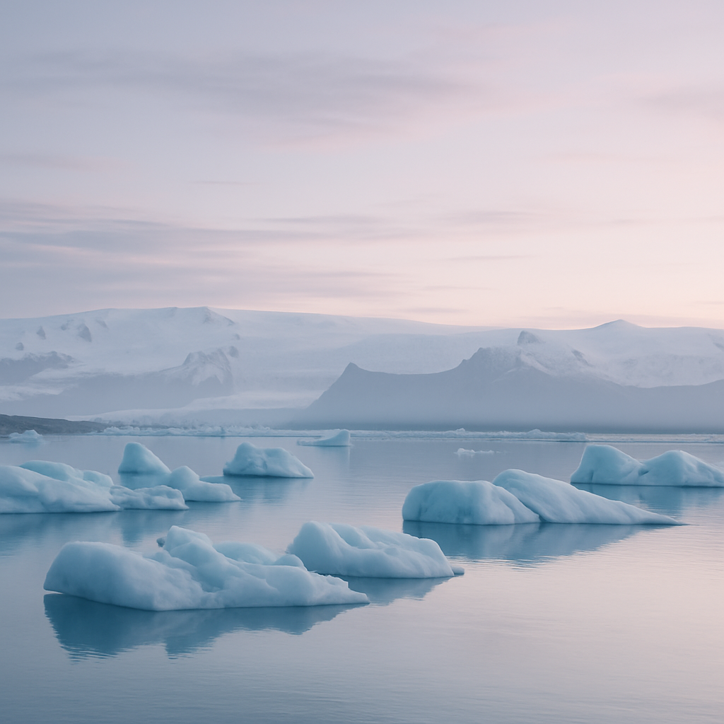 Glacier lagoon under soft midnight sun in Iceland with floating icebergs and pastel sky