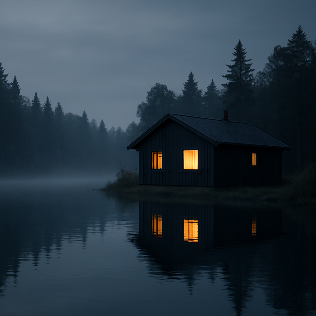 Minimalist wooden lodge by a still misty lake at dusk with soft warm window light in a quiet northern landscape
