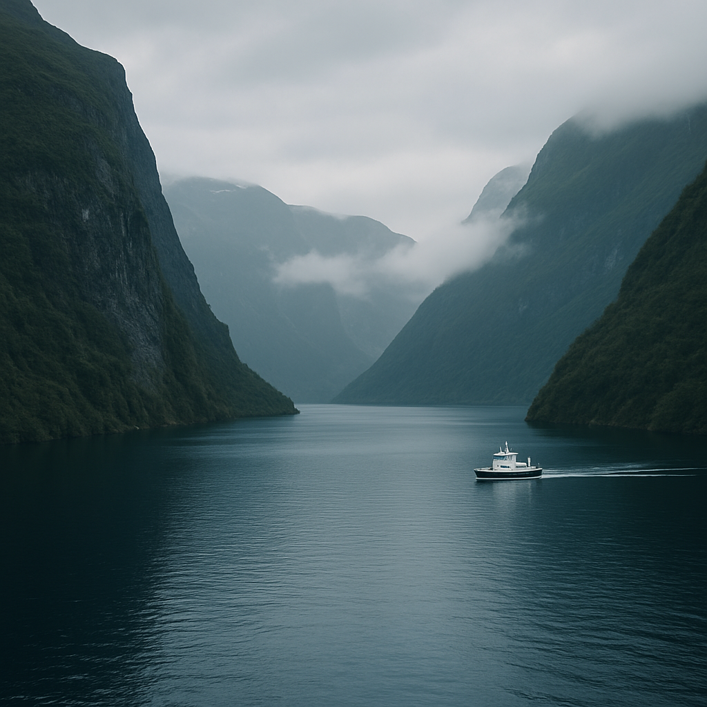 Deep blue Norwegian fjord with steep green cliffs and a small ferry crossing calm water