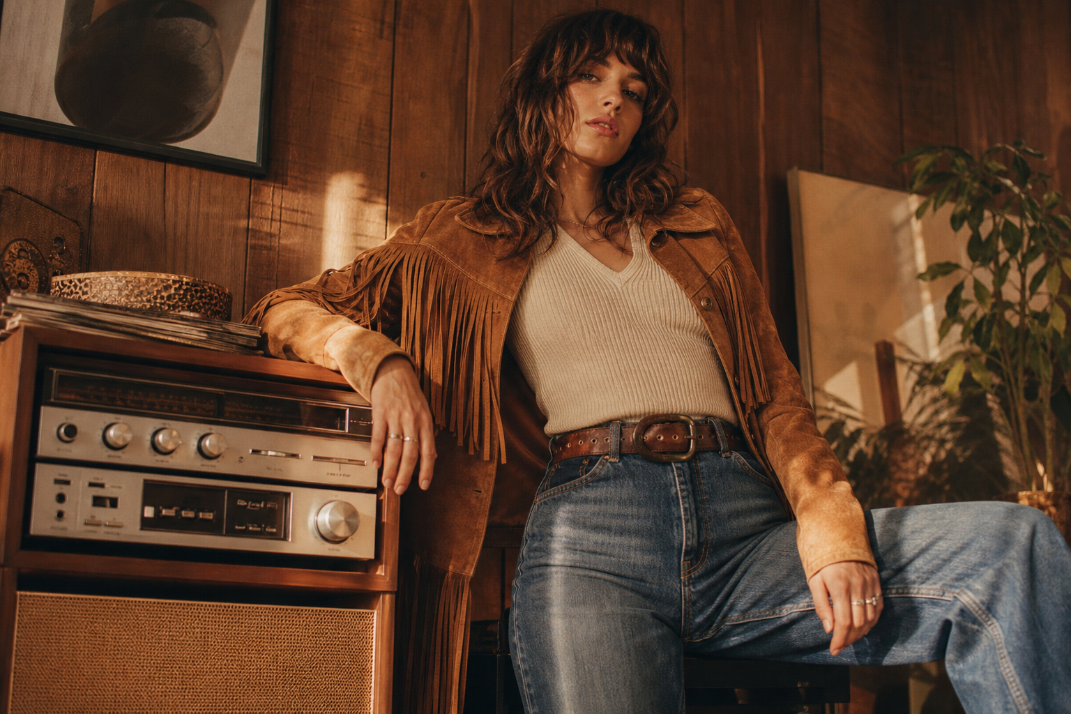 Model in a caramel suede fringe jacket and cream ribbed knit, leaning against a vintage stereo in warm golden light