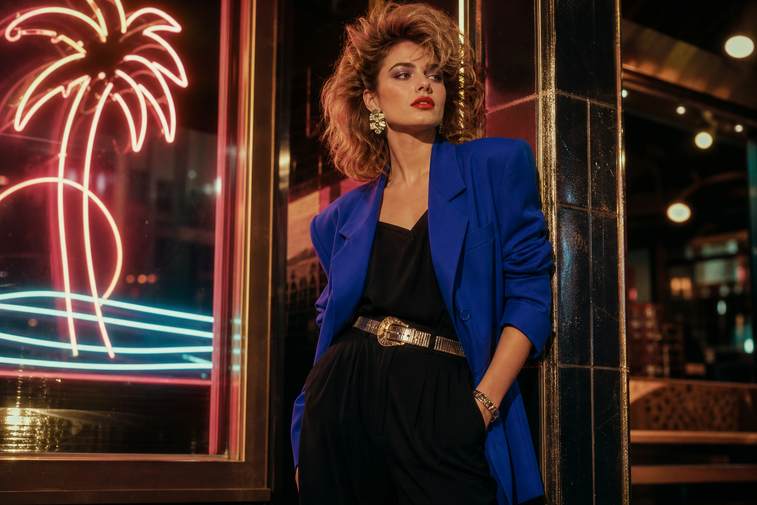 Model wearing an electric blue blazer with strong shoulders and a metallic belt, posed beside neon signage