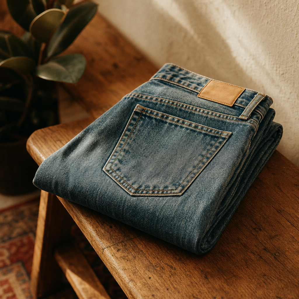 Faded indigo denim jeans with wide legs folded on a wooden bench