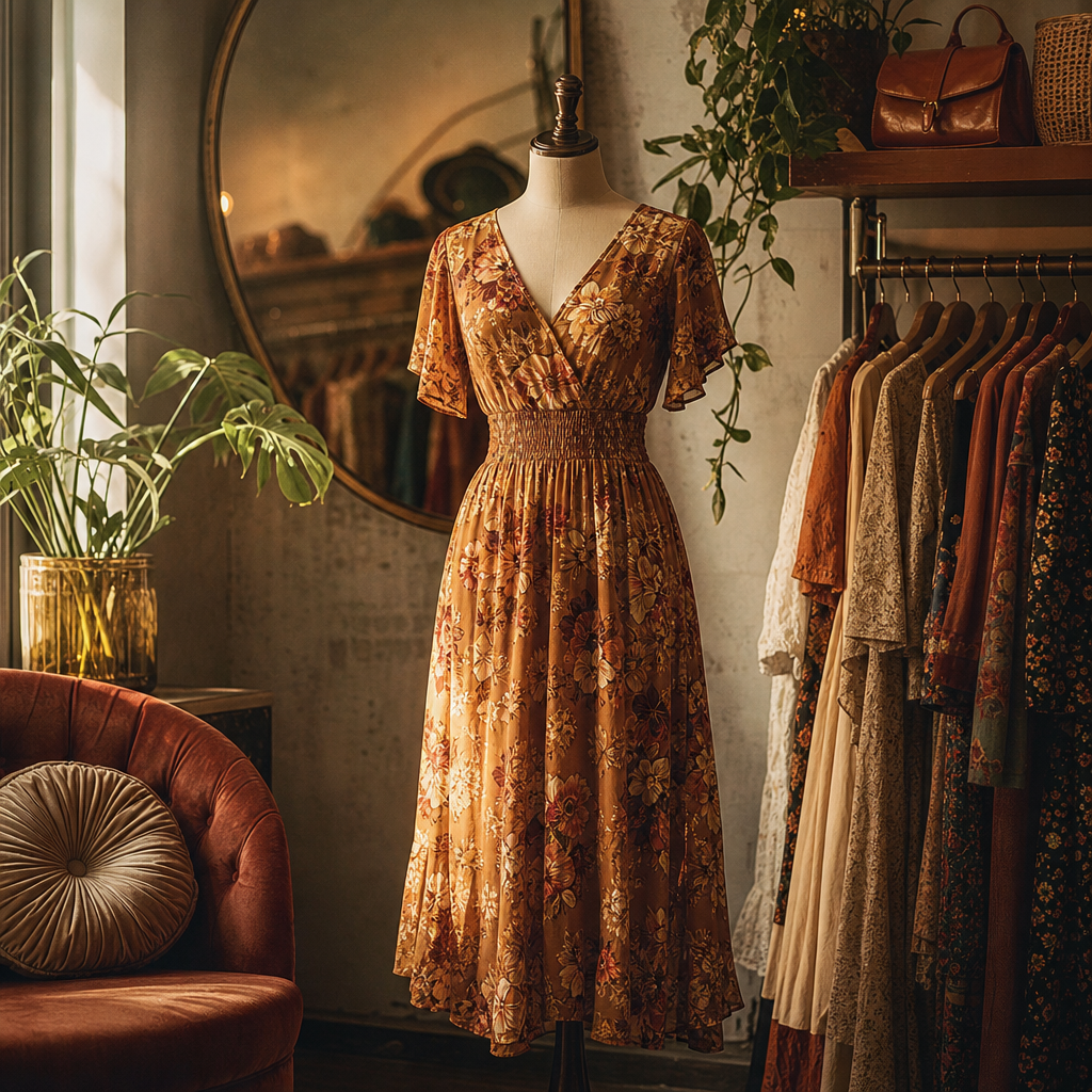 Flowing floral midi dress in warm amber tones on a dress form