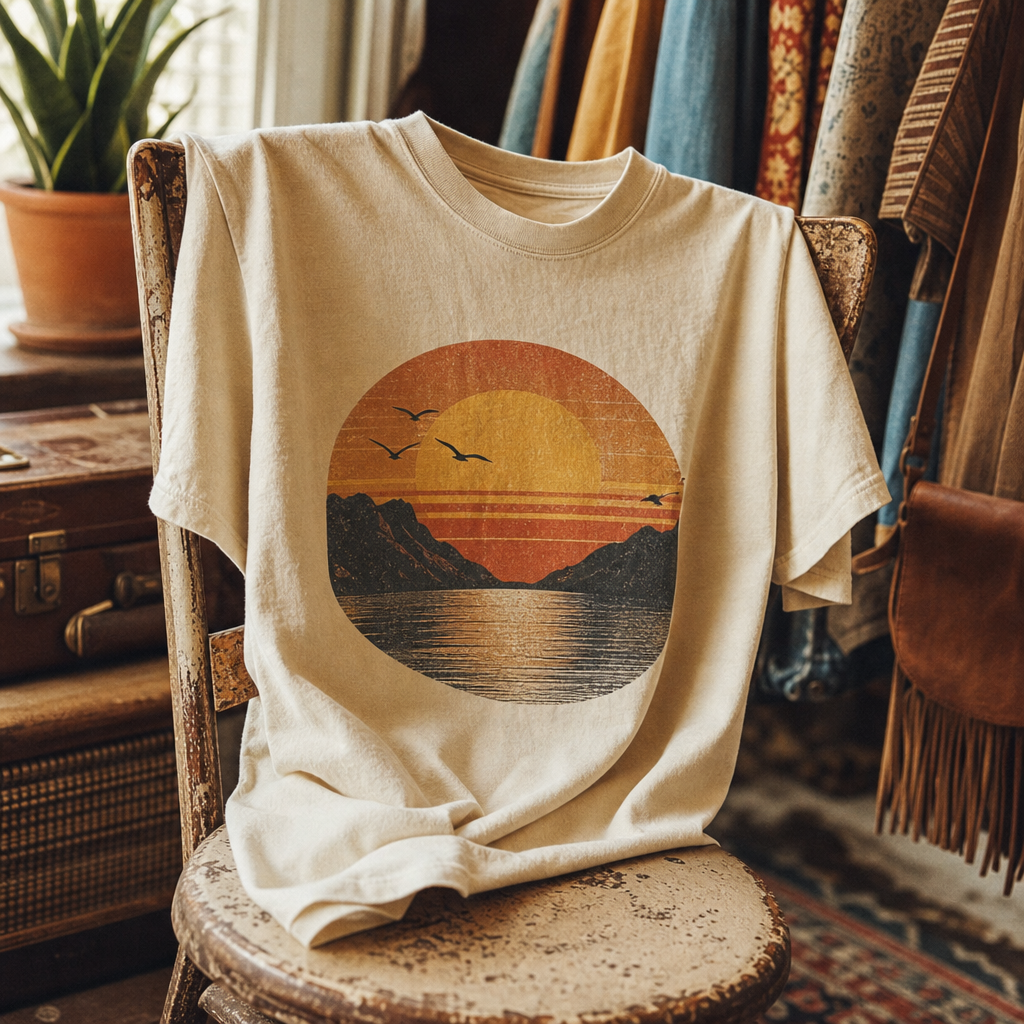 Cream graphic tee with retro sunset print draped over a vintage chair
