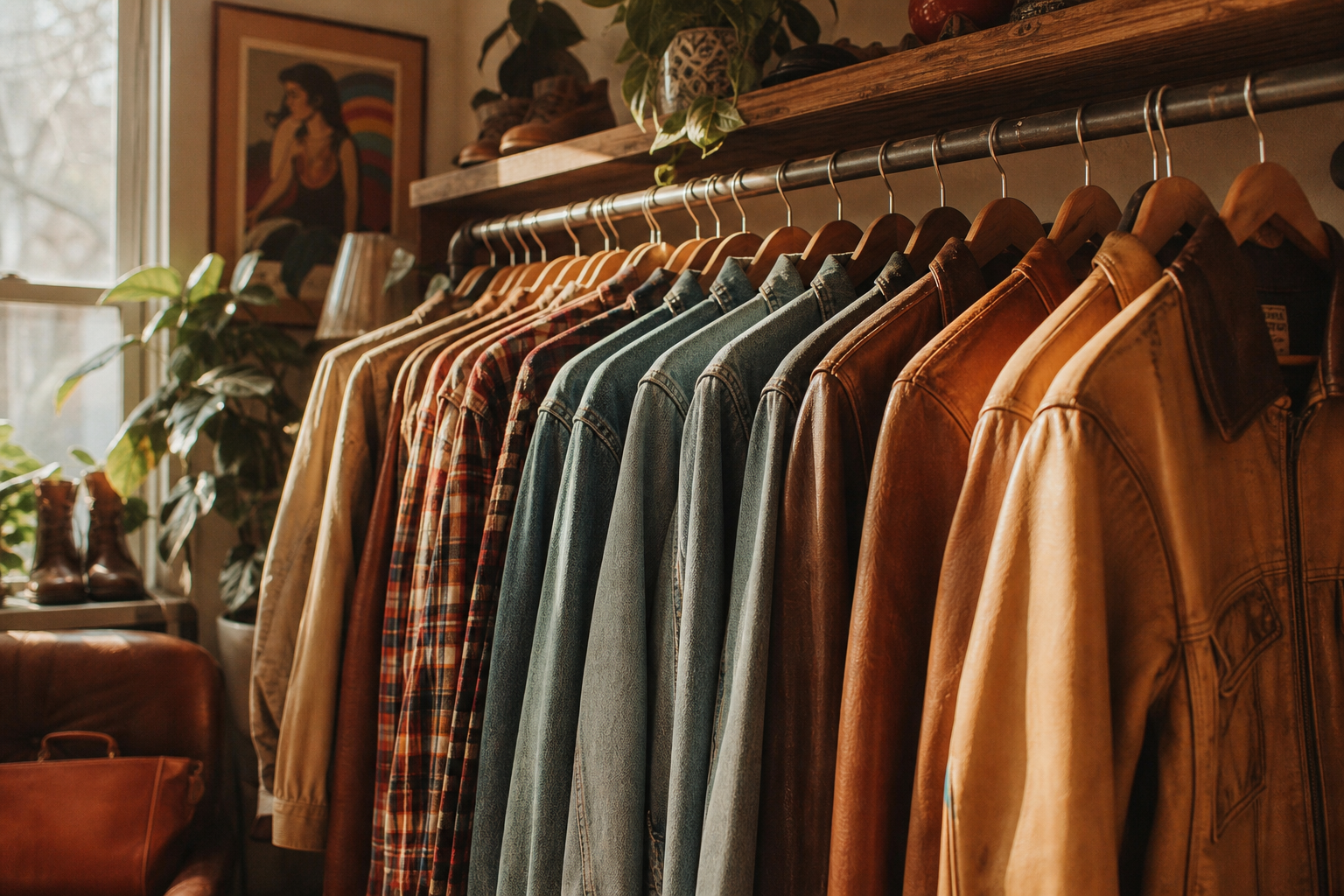 Sunlit vintage clothing rack with caramel leather jackets, denim layers, and plaid shirts in a cozy boutique