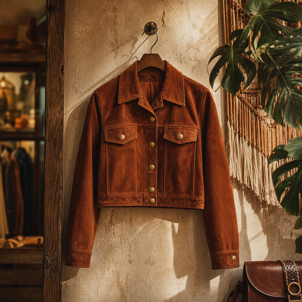 Vintage cropped jacket in rust suede with brass buttons hanging against a textured wall
