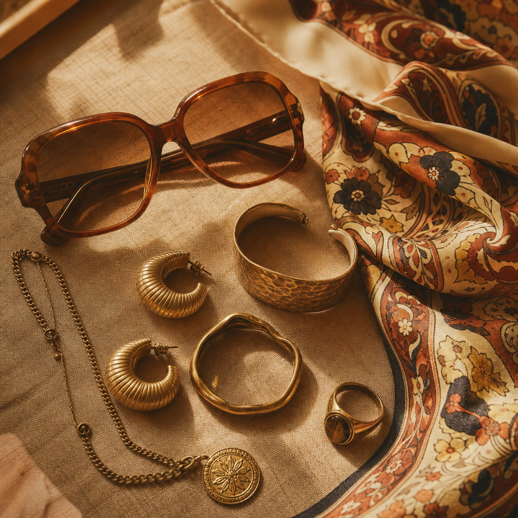 Flat lay of retro sunglasses, brass jewelry, and a patterned silk scarf on a warm textured surface