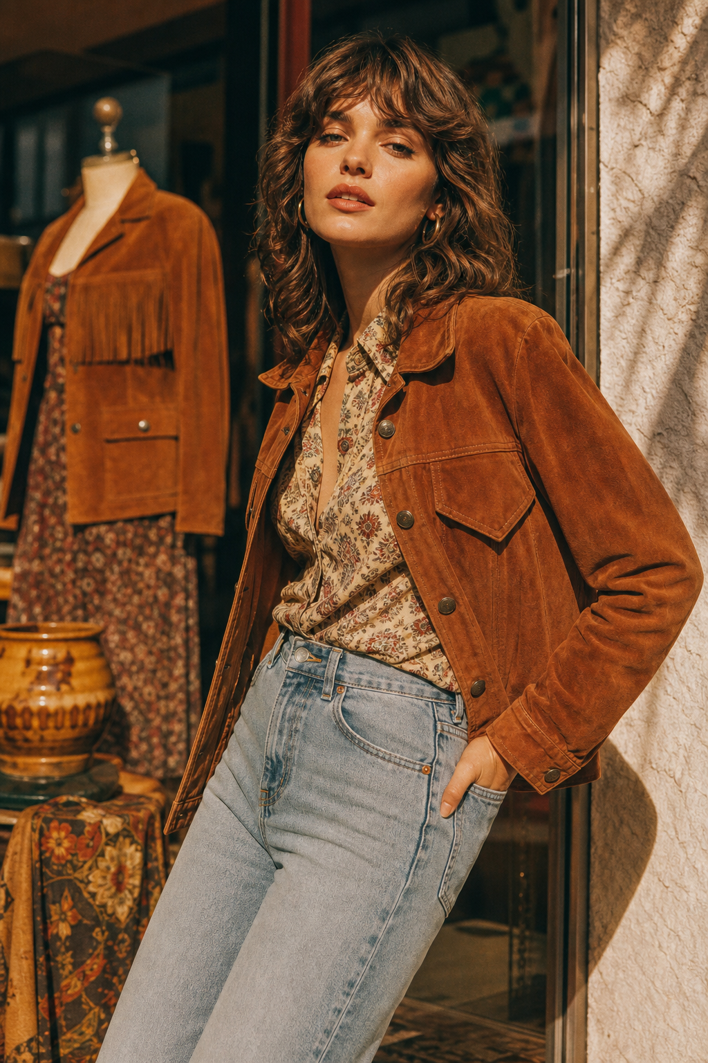 Editorial portrait of a model in a cinnamon suede jacket and high-waisted denim, sunlit with warm film grain