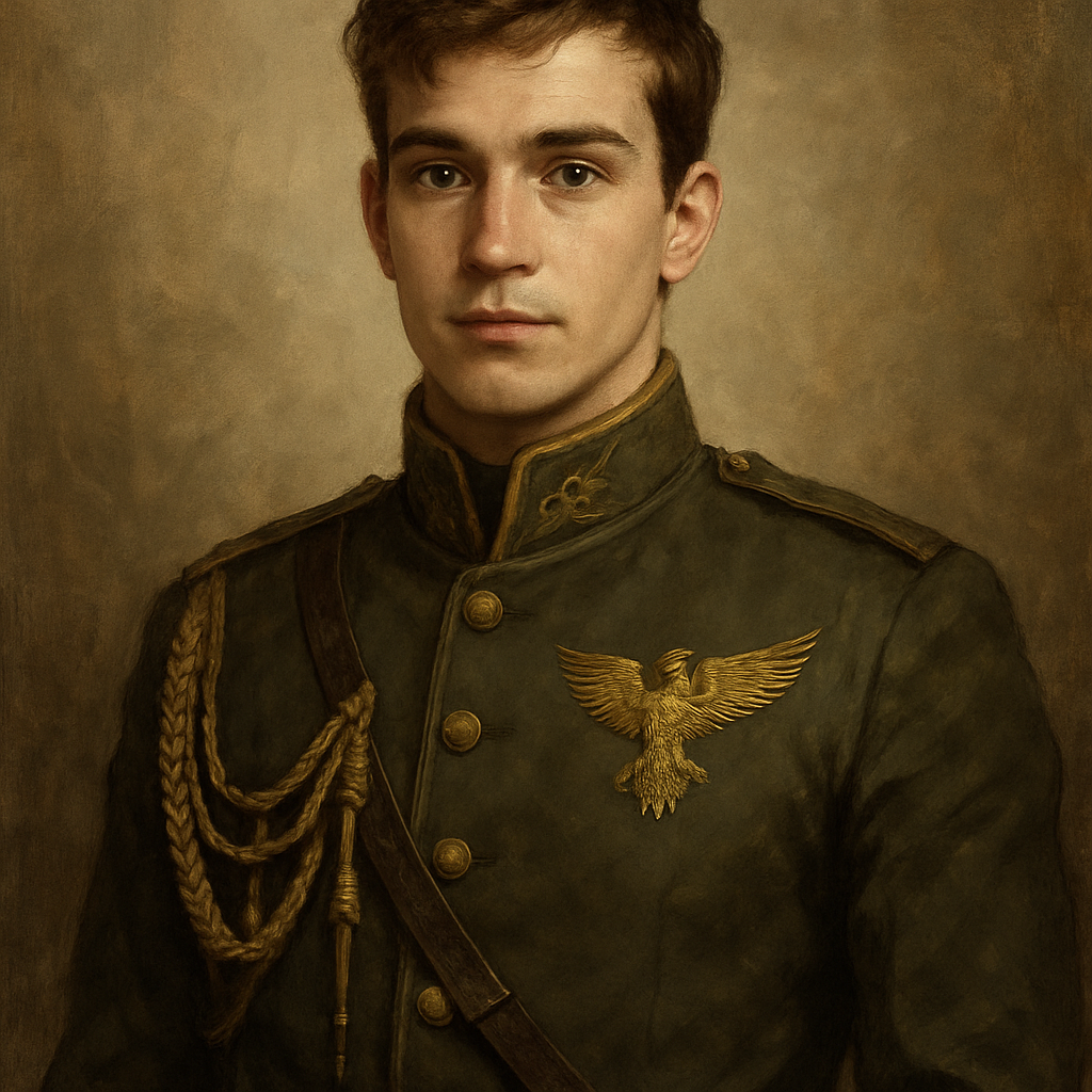 Illustration of Dain Aetos, a young man with short brown hair and earnest eyes, dressed in military uniform with a determined yet gentle look