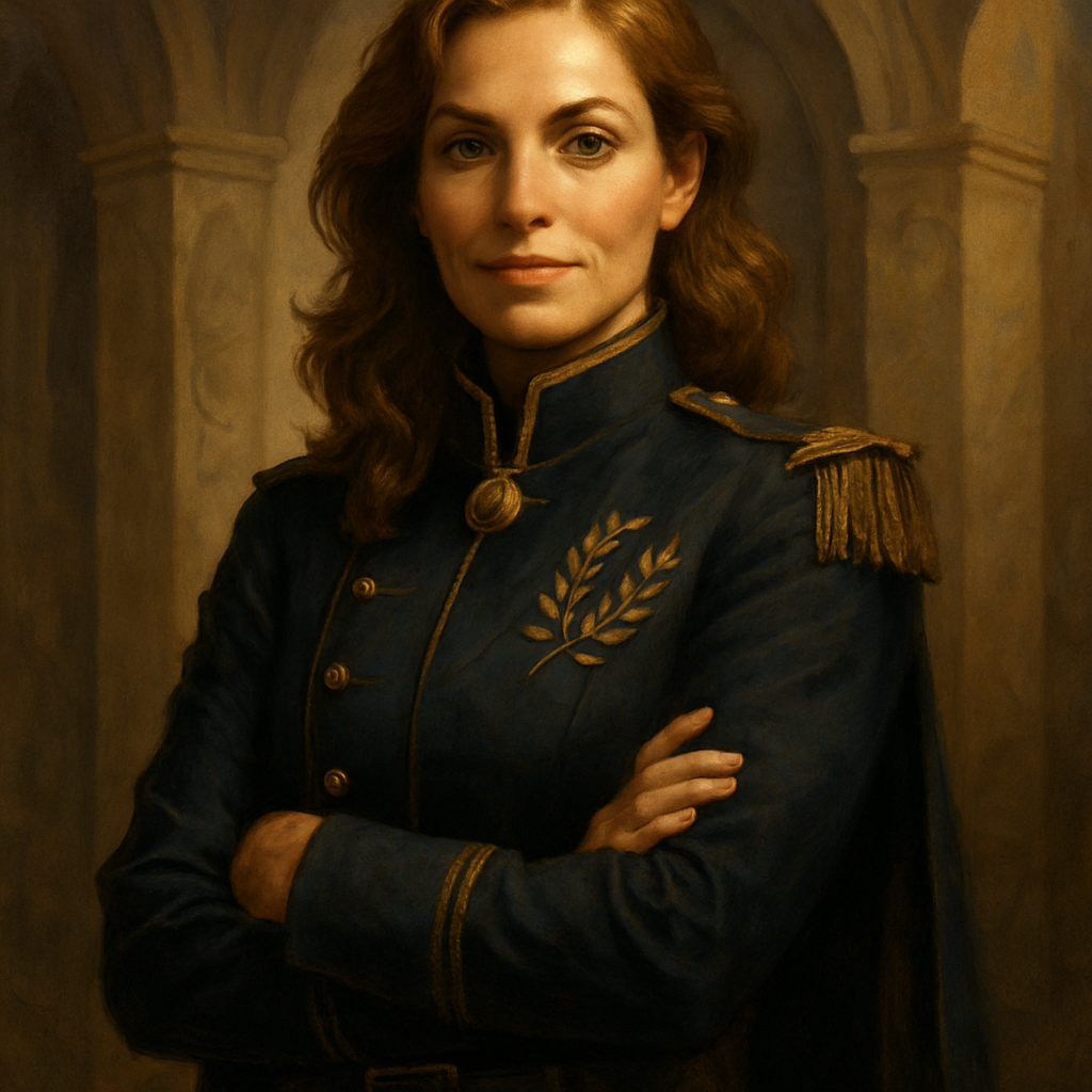 Illustration of Mira Sorrengail, a confident woman with golden-brown hair, wearing officer's attire, exuding authority and warmth
