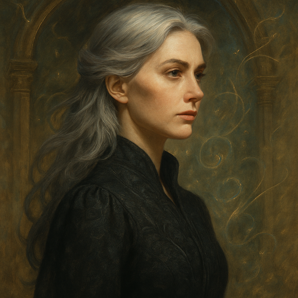 Illustration of Violet Sorrengail, the protagonist of Fourth Wing, with silver hair and a determined, thoughtful expression, set against a magical fantasy backdrop