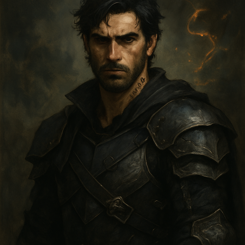 Illustration of Xaden Riorson, a brooding, dark-haired warrior with a commanding presence and subtle tattoos, wearing fantasy armor