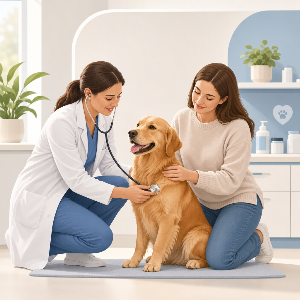 Calm veterinary checkup with a gentle doctor examining a golden dog while a supportive owner kneels nearby in a bright, clean clinic