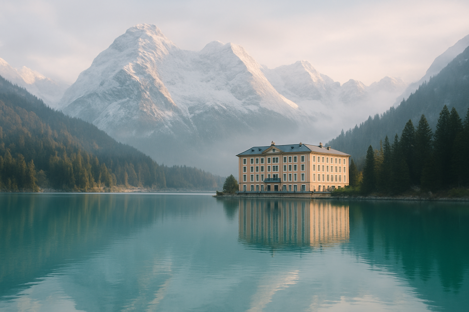 Serene turquoise alpine lake surrounded by snow-dusted peaks with a classic grand hotel nestled at the water's edge in warm morning light