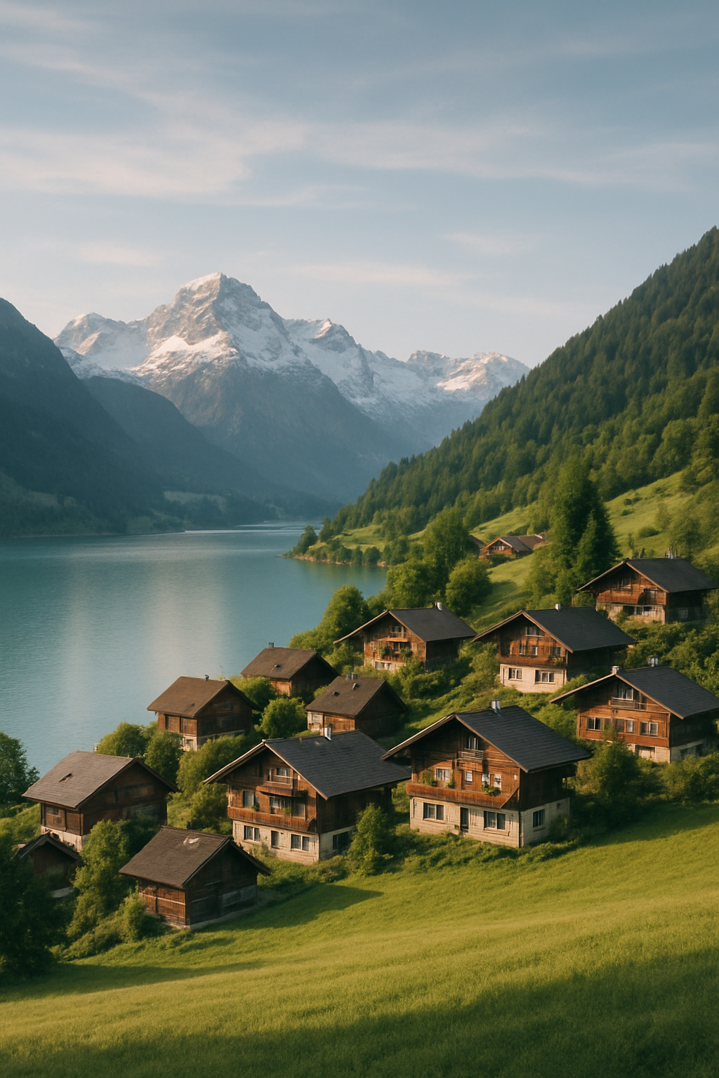 Charming alpine village with wooden chalets nestled beside a turquoise lake with snow-capped peaks in the background