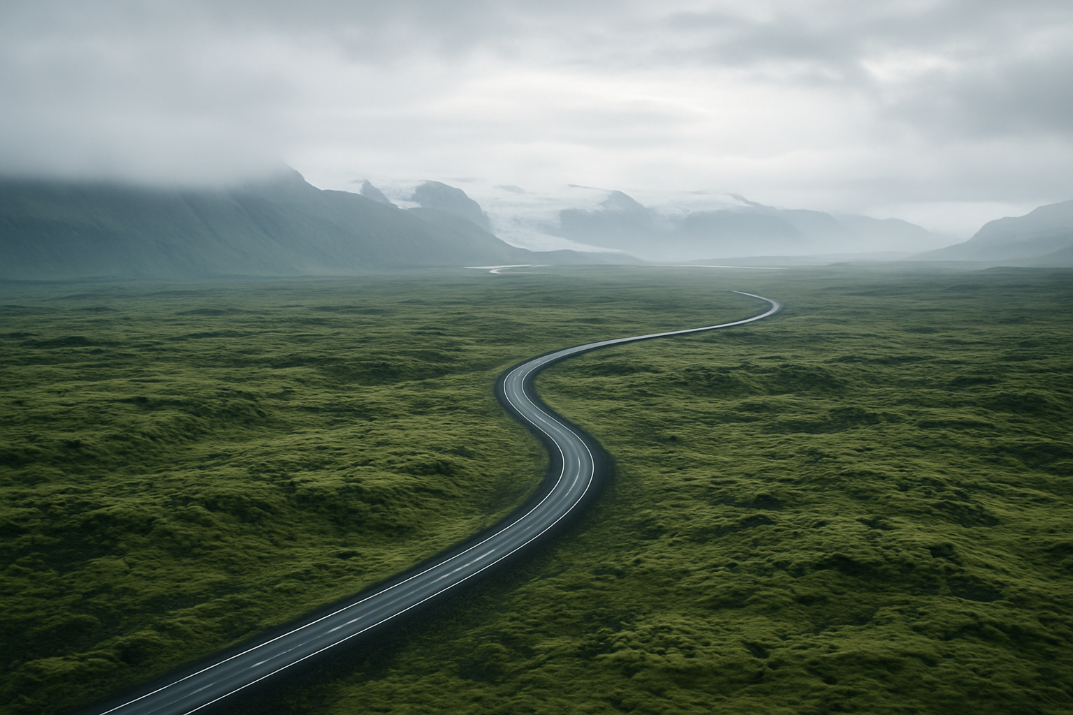 Misty Icelandic ring road winding through moss-covered lava fields with distant glaciers under soft overcast sky