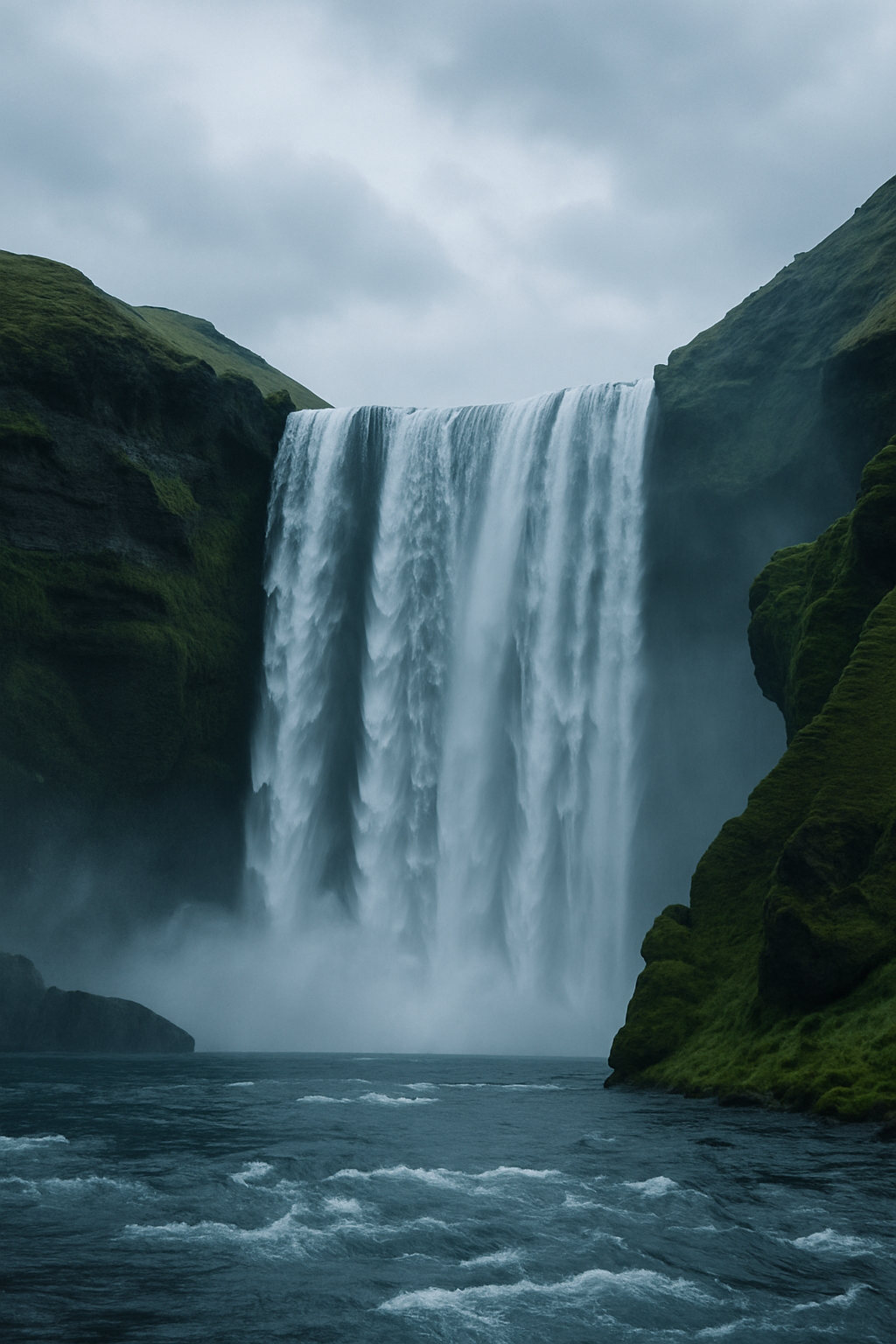 Dramatic Icelandic landscape with cascading waterfall over mossy cliffs under a pale overcast sky