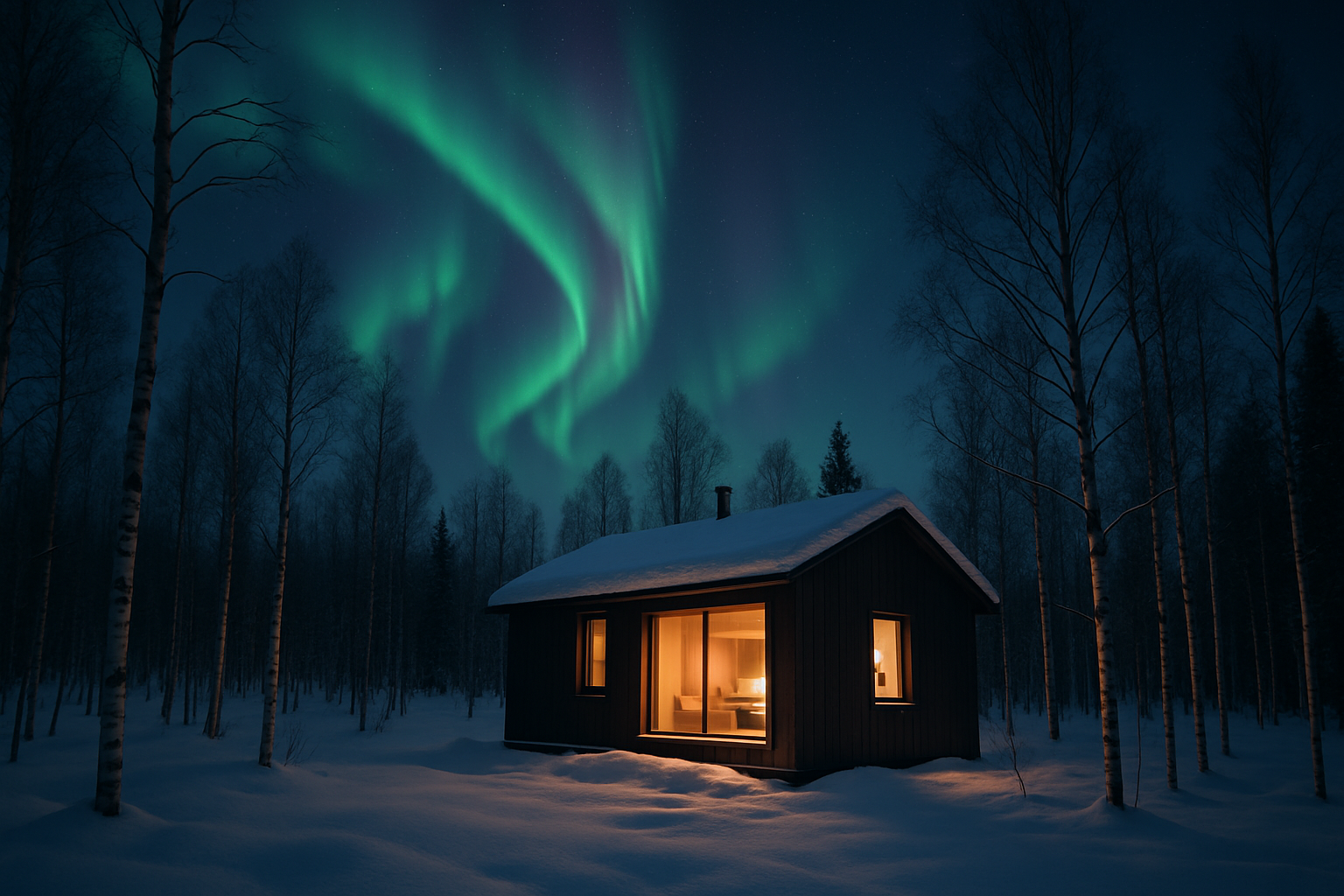 Vivid green and violet aurora borealis dancing above a cozy modern Nordic retreat cabin in a snowy birch forest at twilight