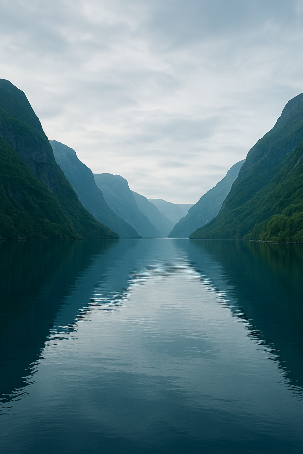 Serene Norwegian fjord with deep blue water flanked by steep green mountains under soft diffused light