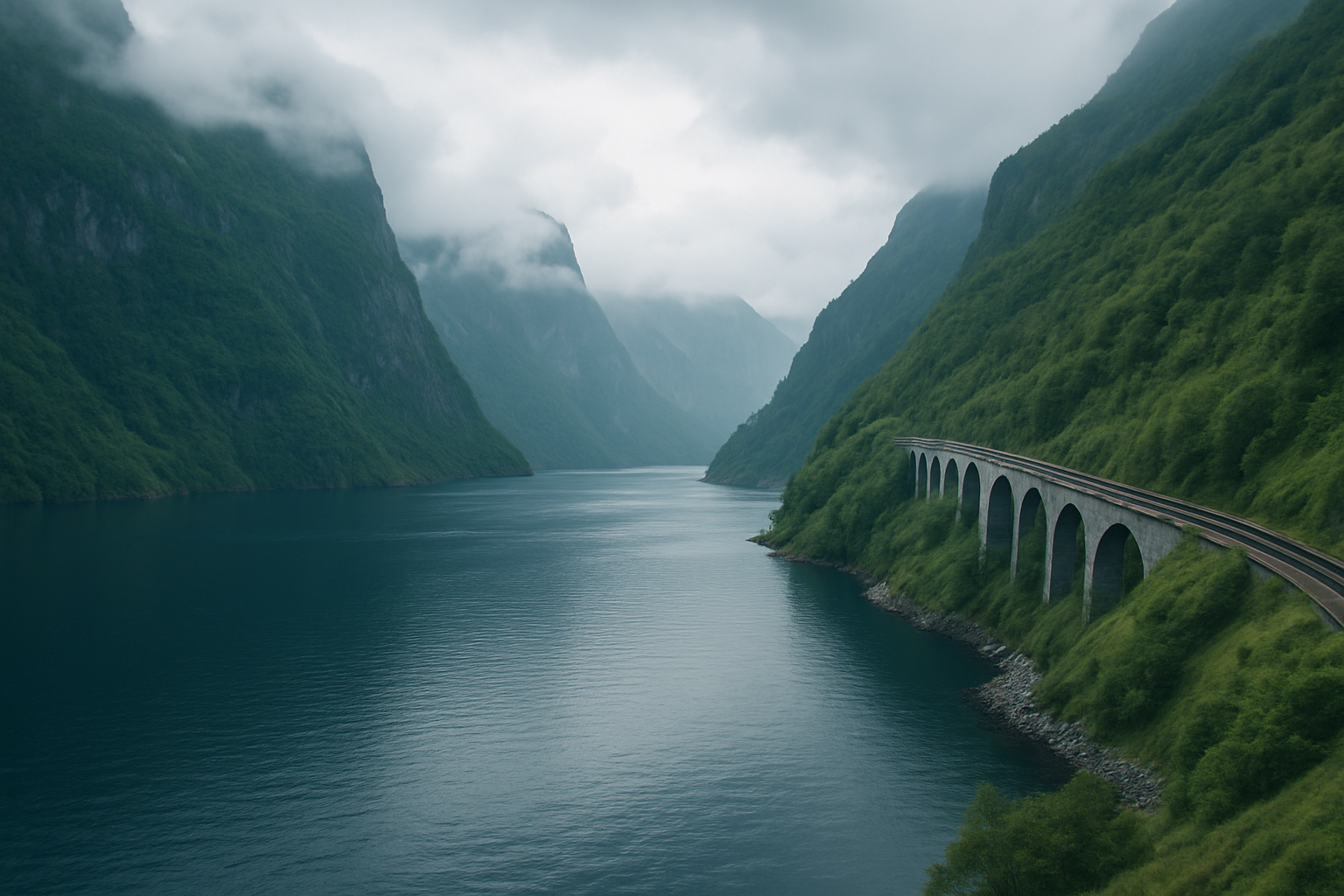 Dramatic Norwegian fjord with deep blue water flanked by steep green cliffs and a scenic railway bridge curving along the mountainside