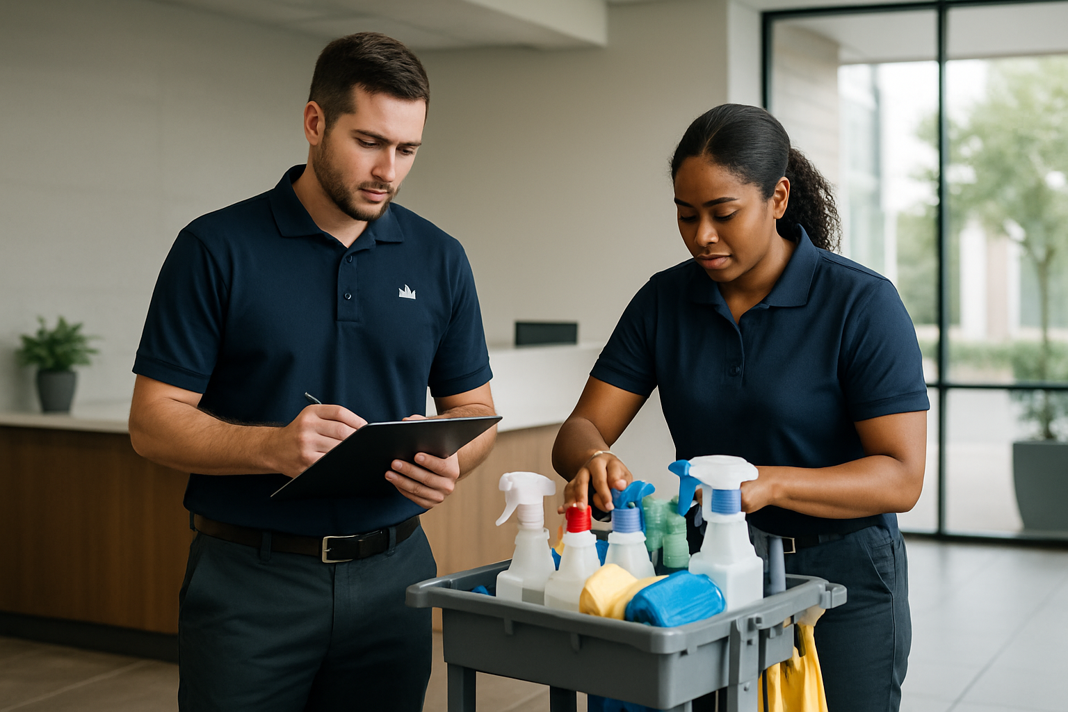 Two professional commercial cleaners in branded uniforms preparing supplies in a bright modern office lobby, conveying reliability and workplace care