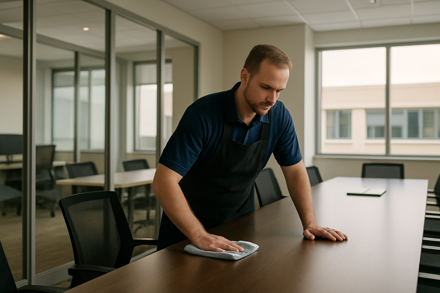 Professional cleaner preparing an office workspace in a modern Chesapeake commercial building