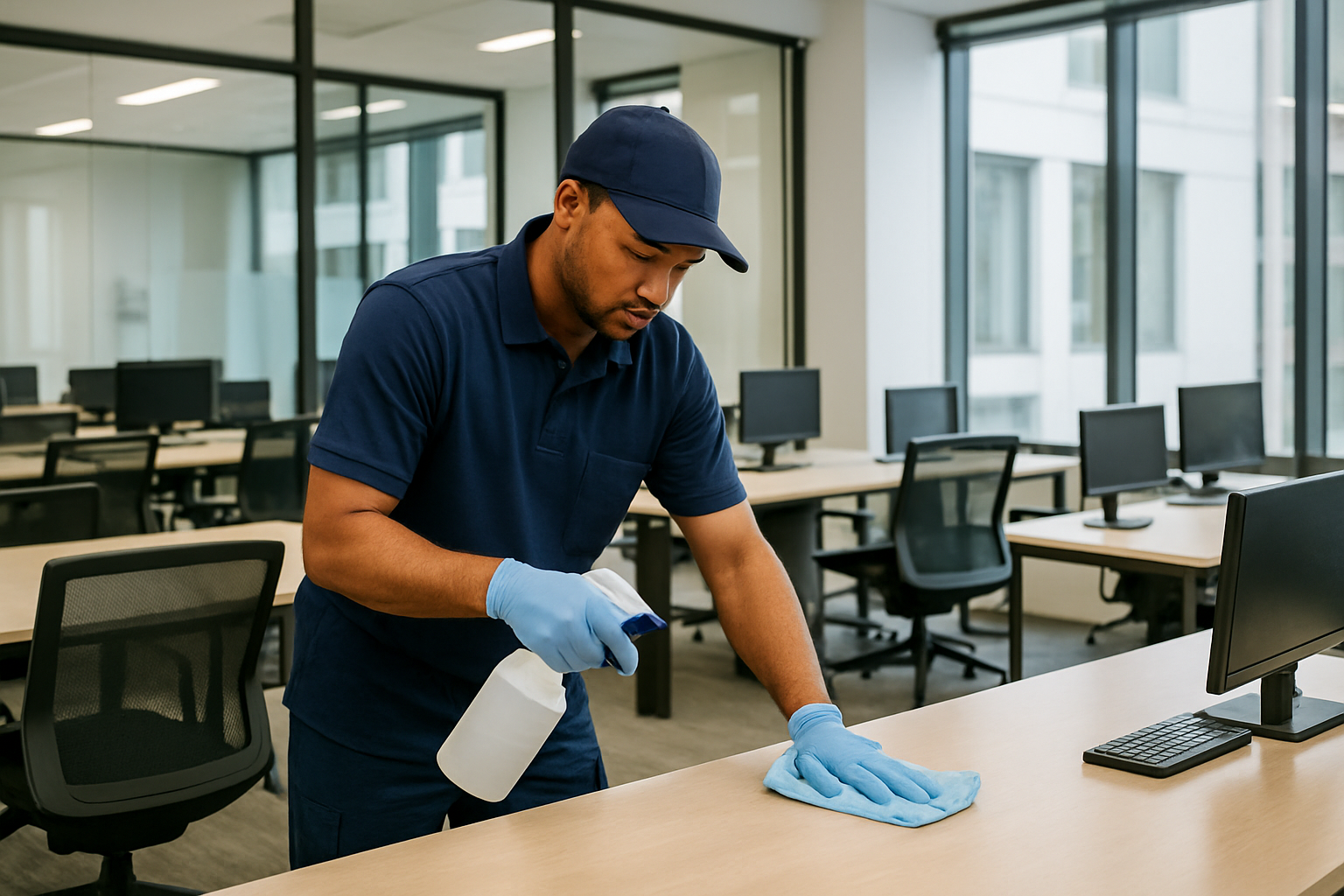 Professional cleaner disinfecting desks in a modern office workspace with daylight