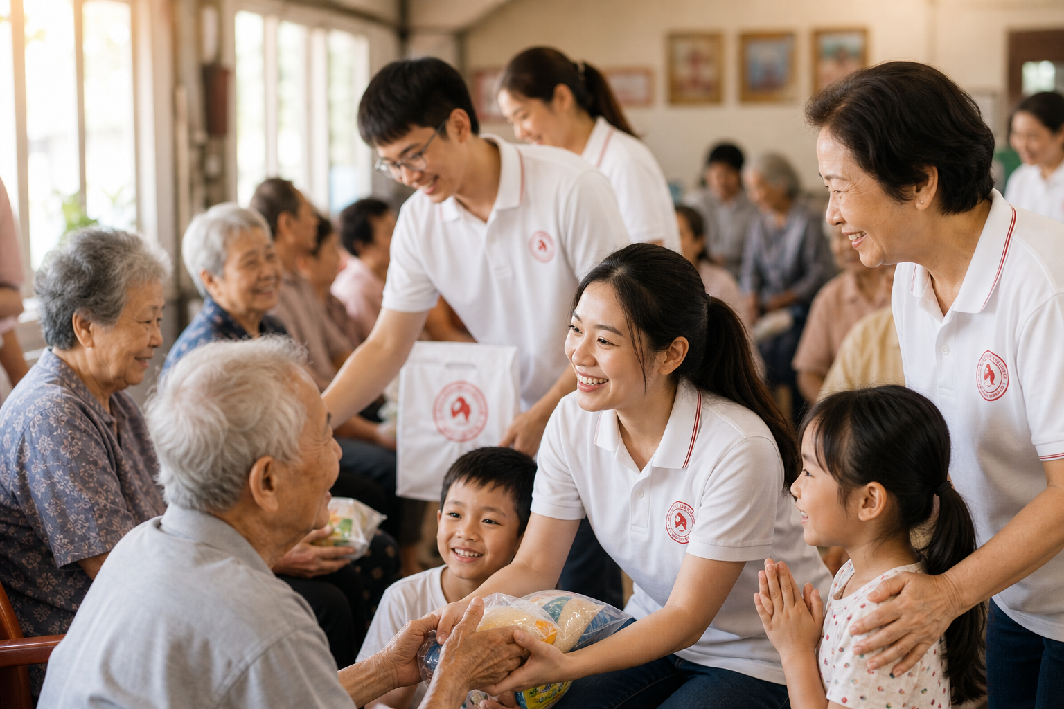 泰华公益志愿者在社区中心陪伴长者与儿童，现场充满温暖互动