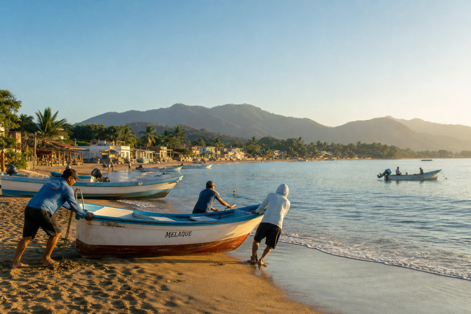 Wide morning view of Melaque beach with gentle waves, pale sand, and a few fishermen pulling small boats