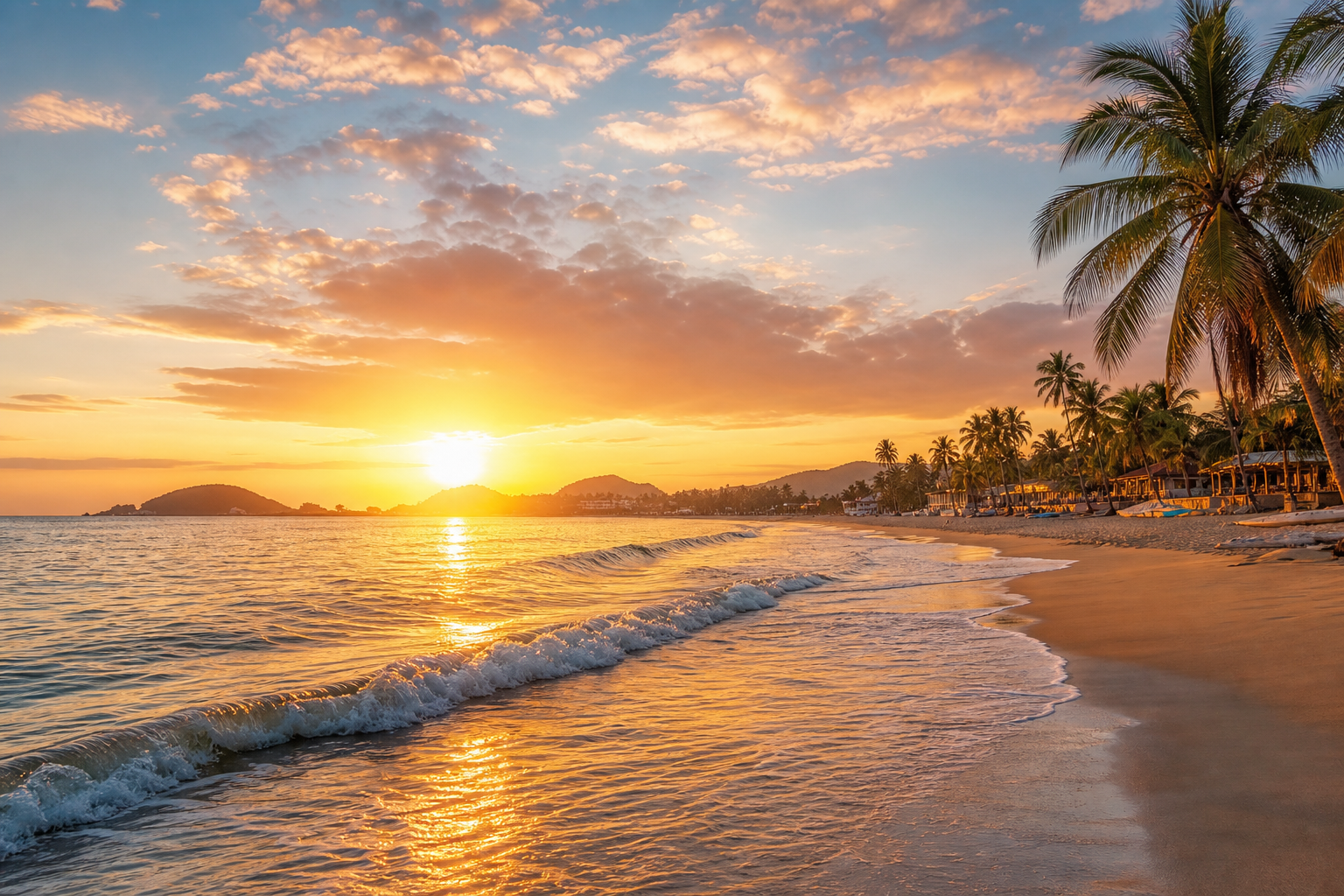 Panoramic sunrise view of Melaque beach with golden light, calm waves, and palm-lined shore