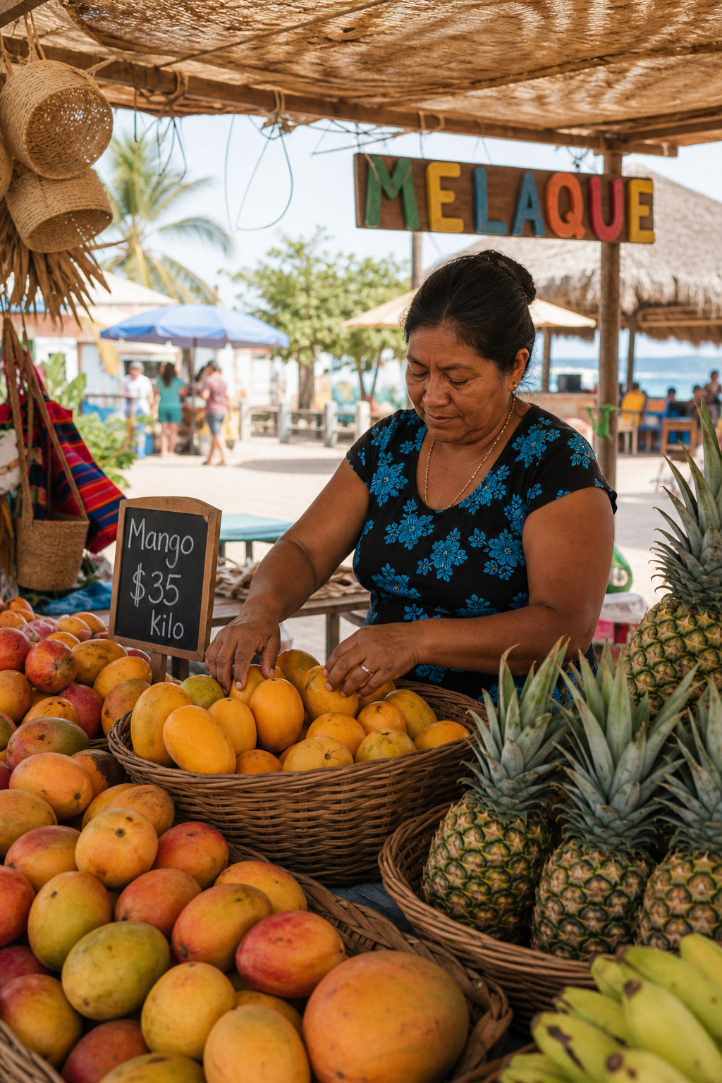 Open-air market scene with a local vendor arranging tropical fruit under a shaded canopy