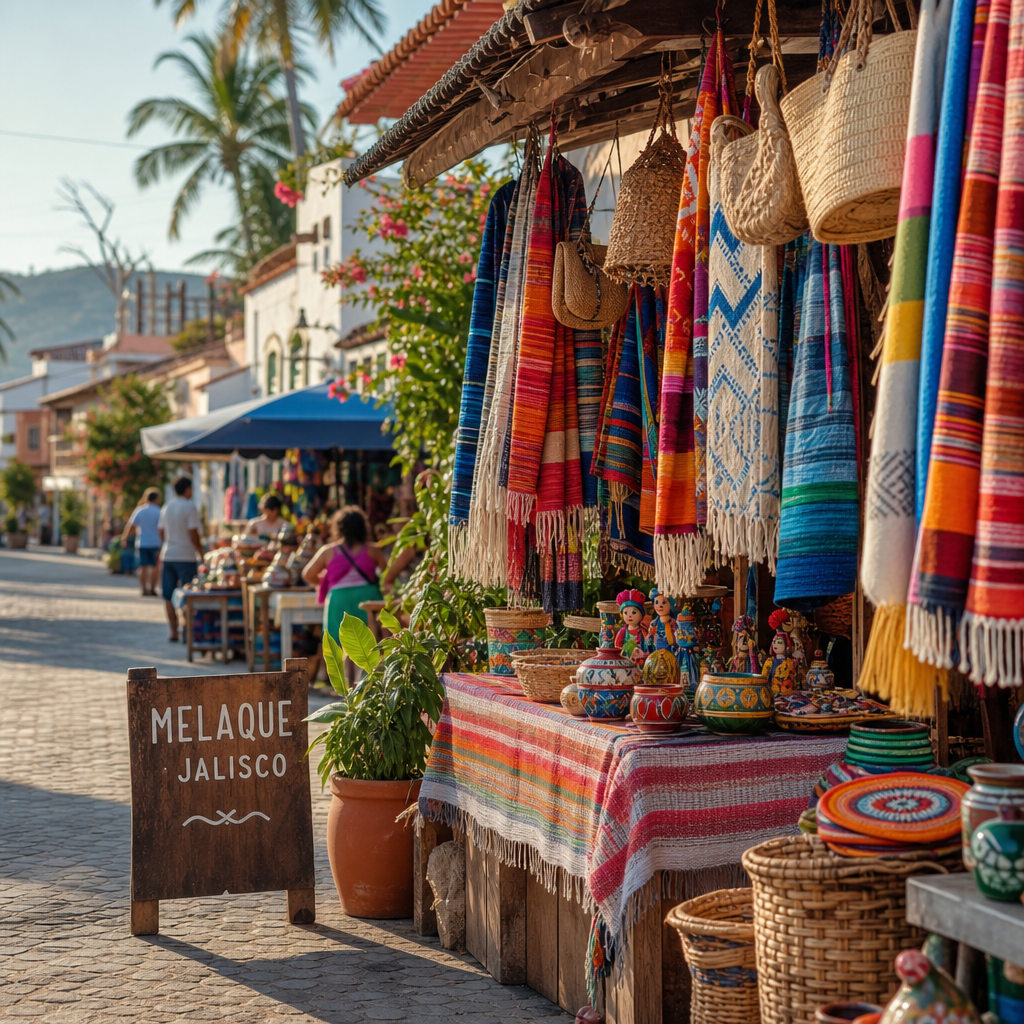 Cozy street market in Melaque with colorful textiles, warm afternoon light, and local vendors