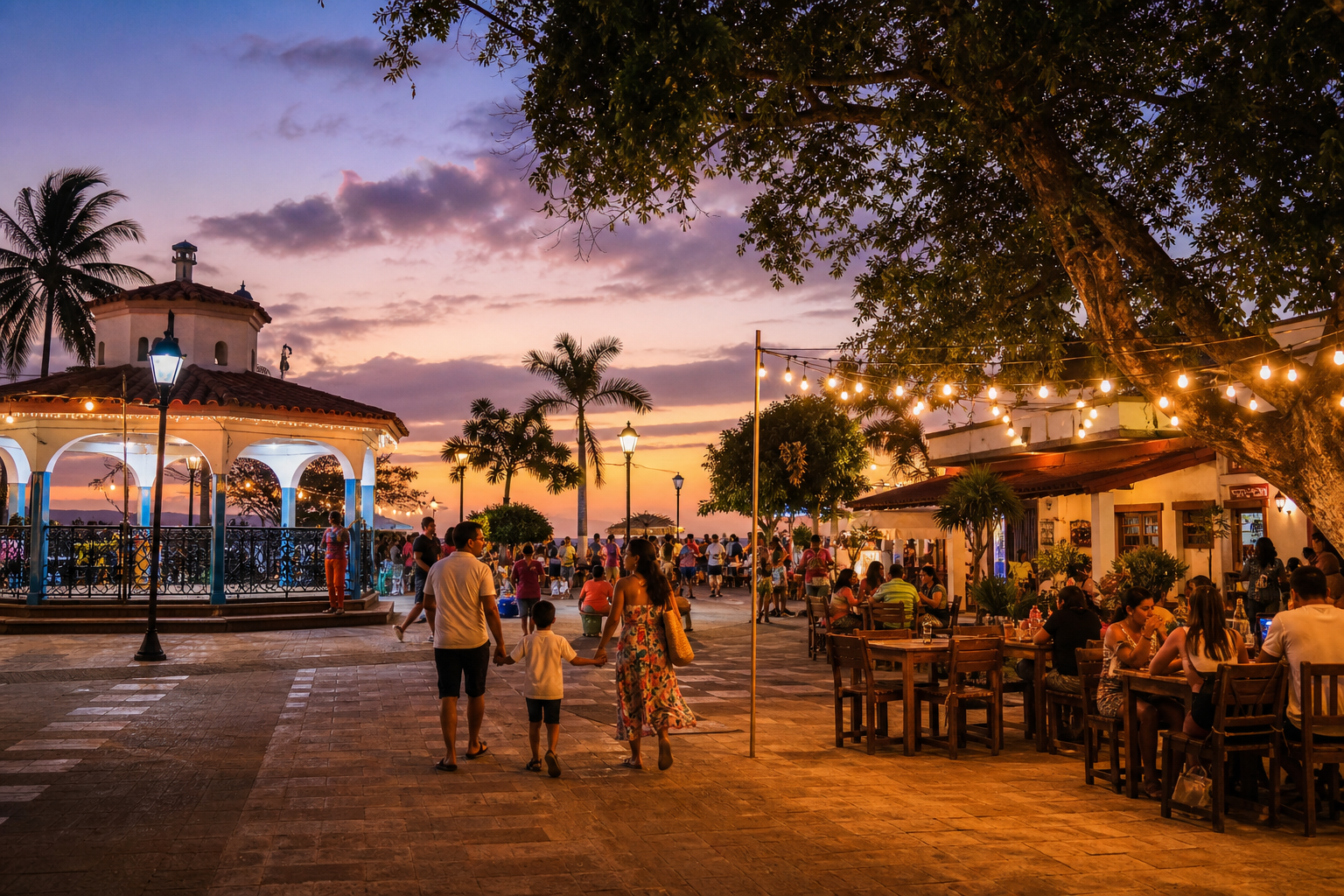 Evening plaza in Melaque with warm lights, families walking, and café tables under string lights