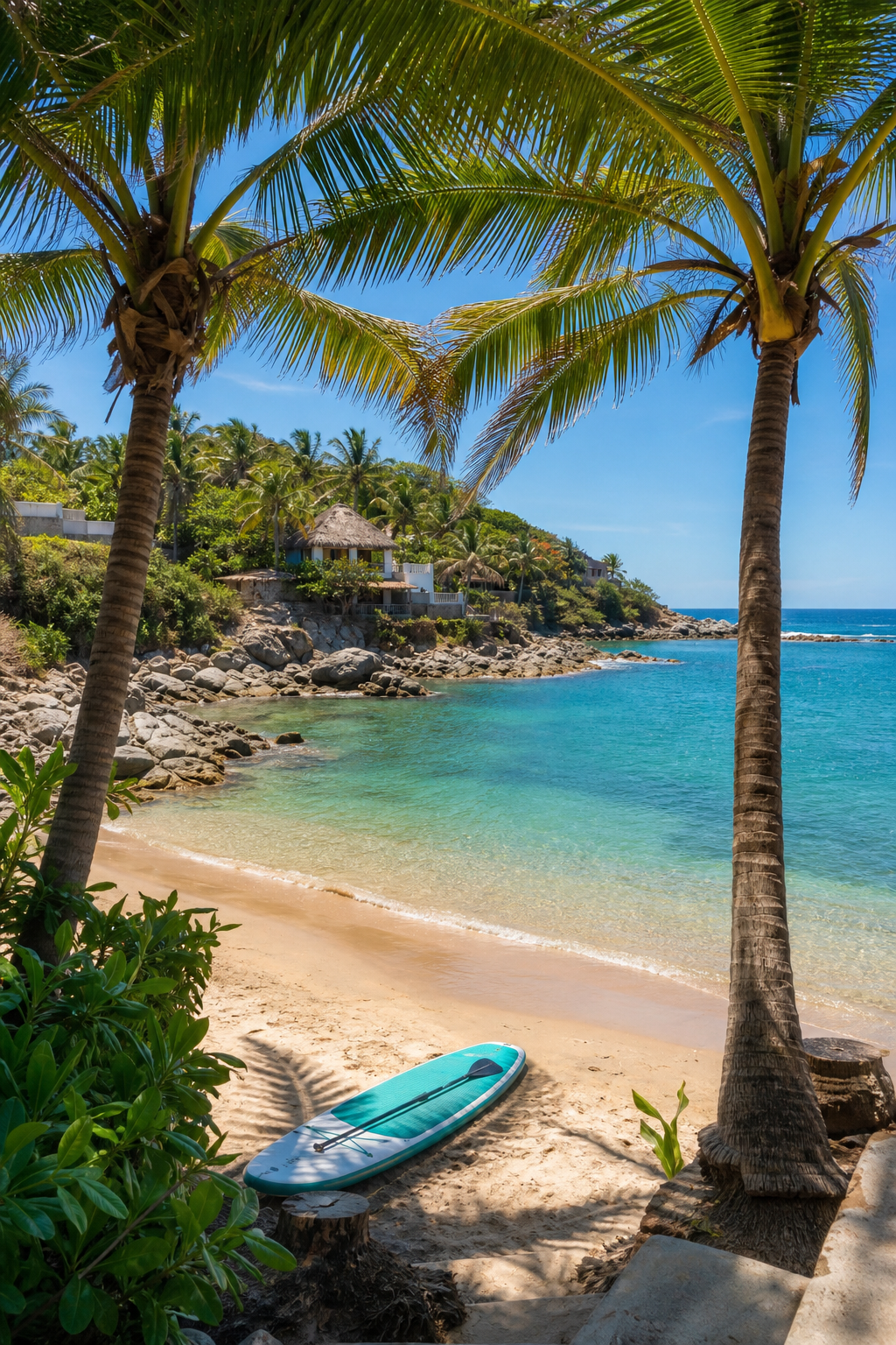 Small cove framed by tall palms with turquoise water and a resting paddleboard