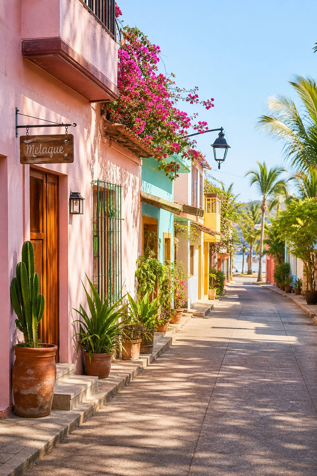 Colorful narrow street in Melaque with pastel facades, potted plants, and warm sunlight