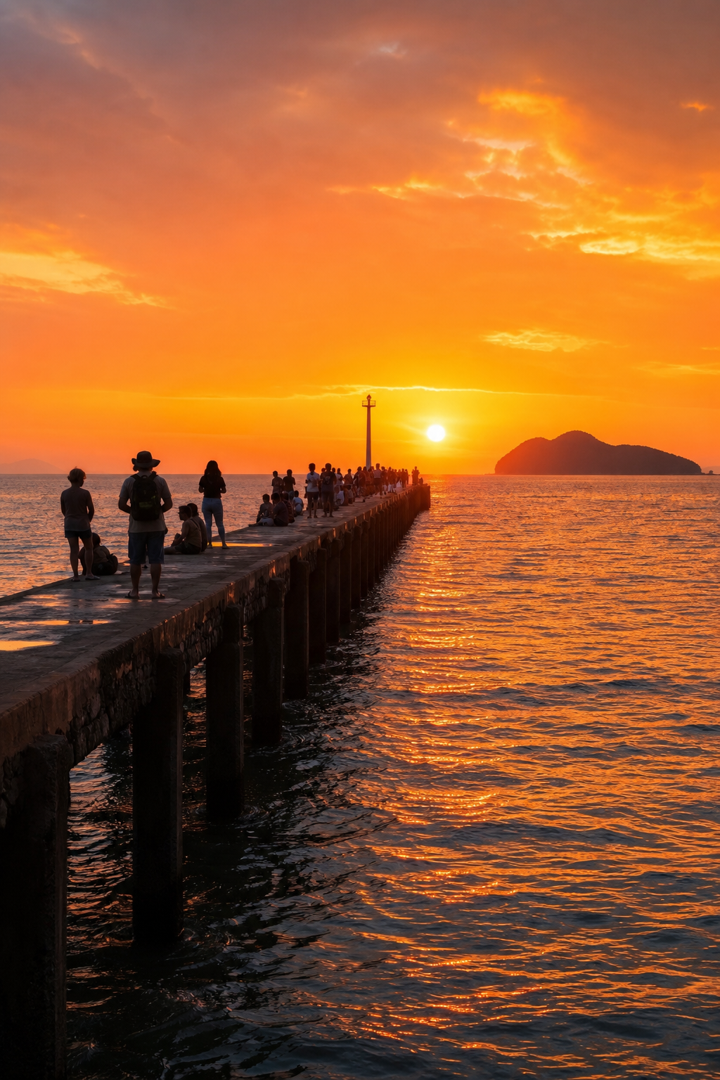 Sunset over the jetty in Melaque with orange skies and silhouettes of people watching the water