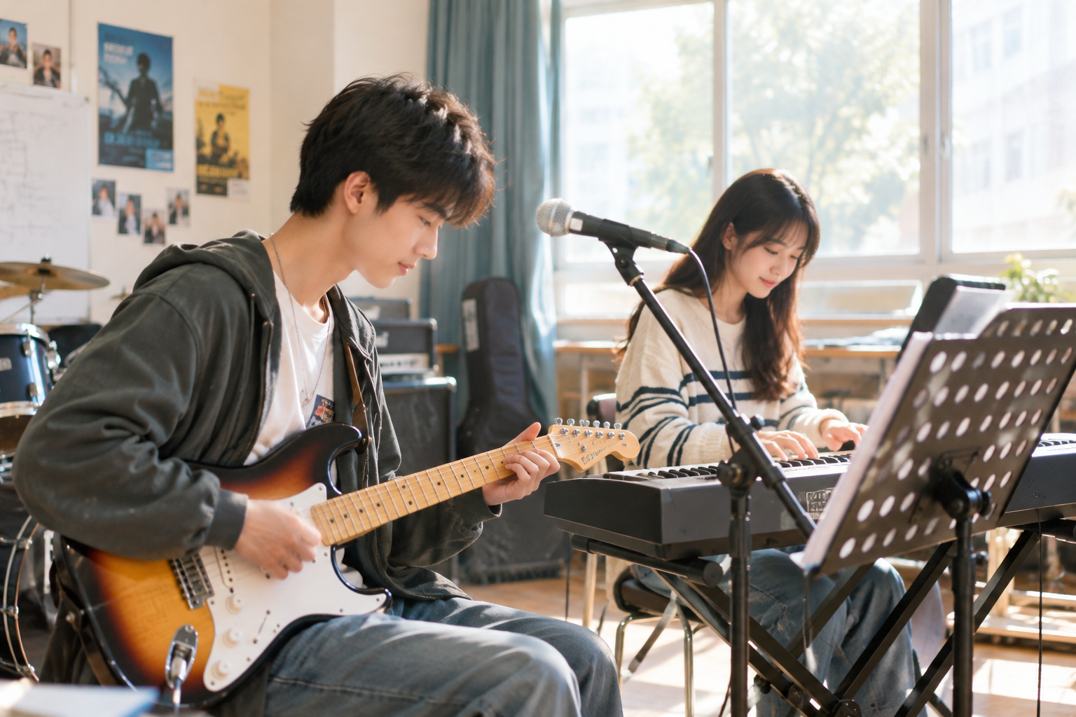 排练室内，学生乐队在键盘与吉他旁进行合奏