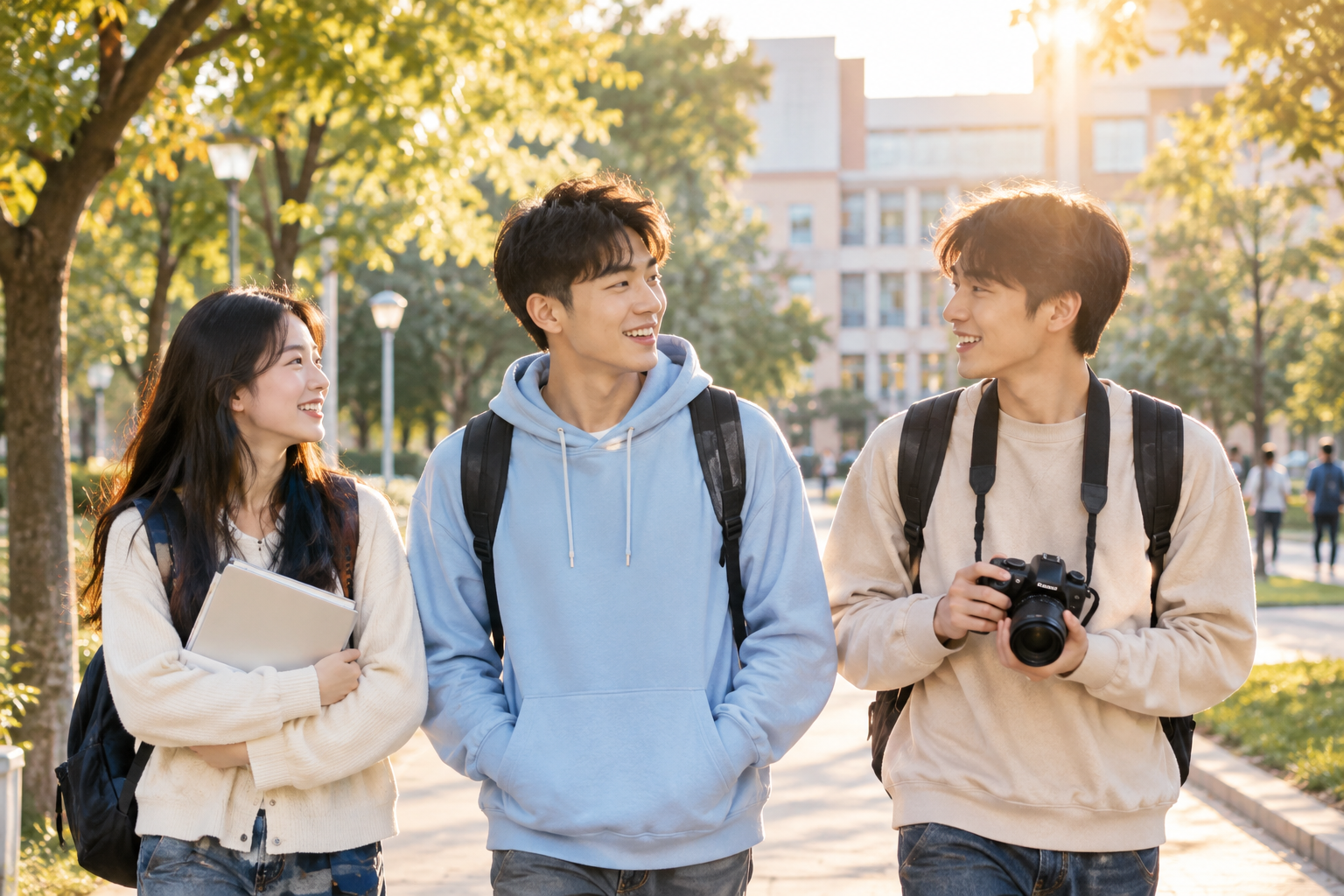 傍晚校园林荫道上三位学生背着书包并肩而行