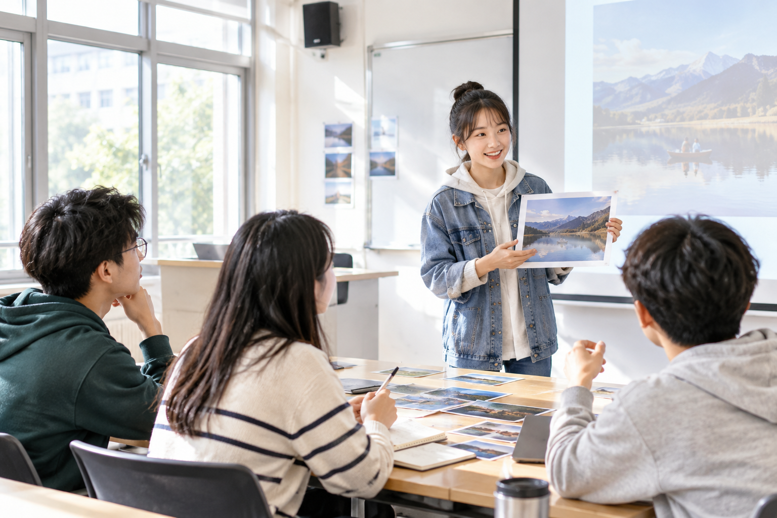 明亮教室里学生展示摄影作业，周围同学认真观看