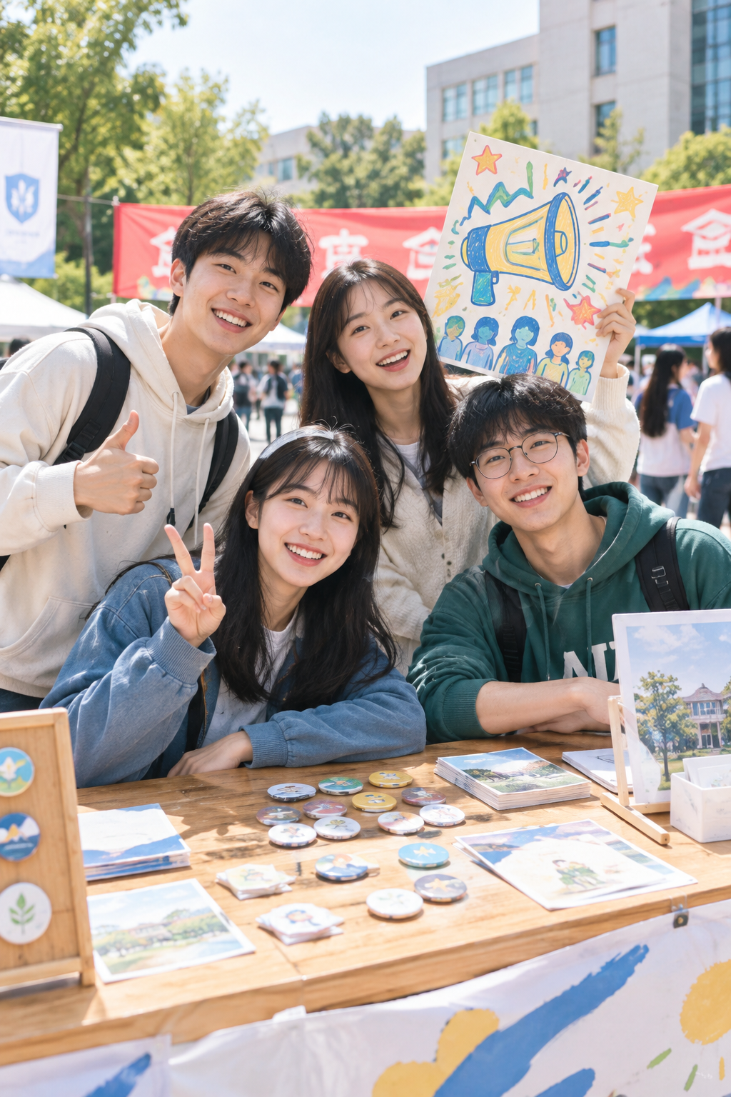 社团招新摊位前，同学举着手绘海报开心合影