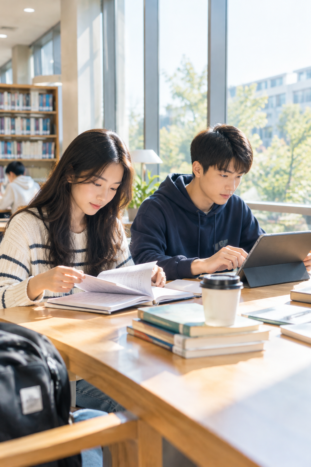图书馆落地窗旁，学生翻阅笔记与平板，桌面有咖啡杯