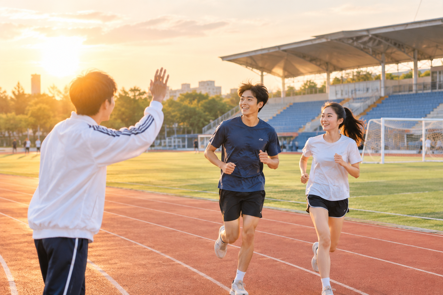 夕阳下操场跑道旁，学生在慢跑与加油互动