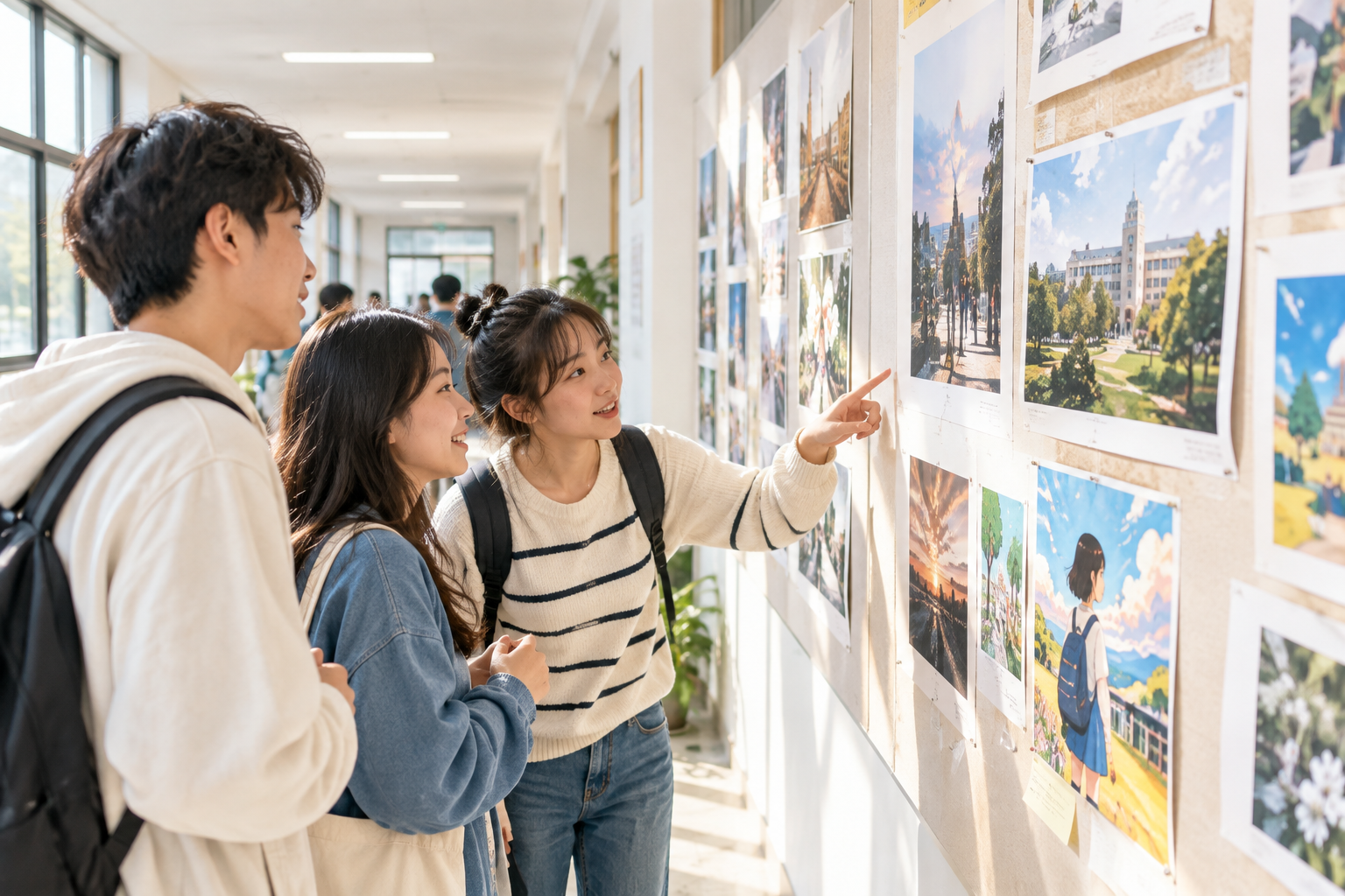 教学楼走廊作品展示墙前，学生驻足观看摄影与插画
