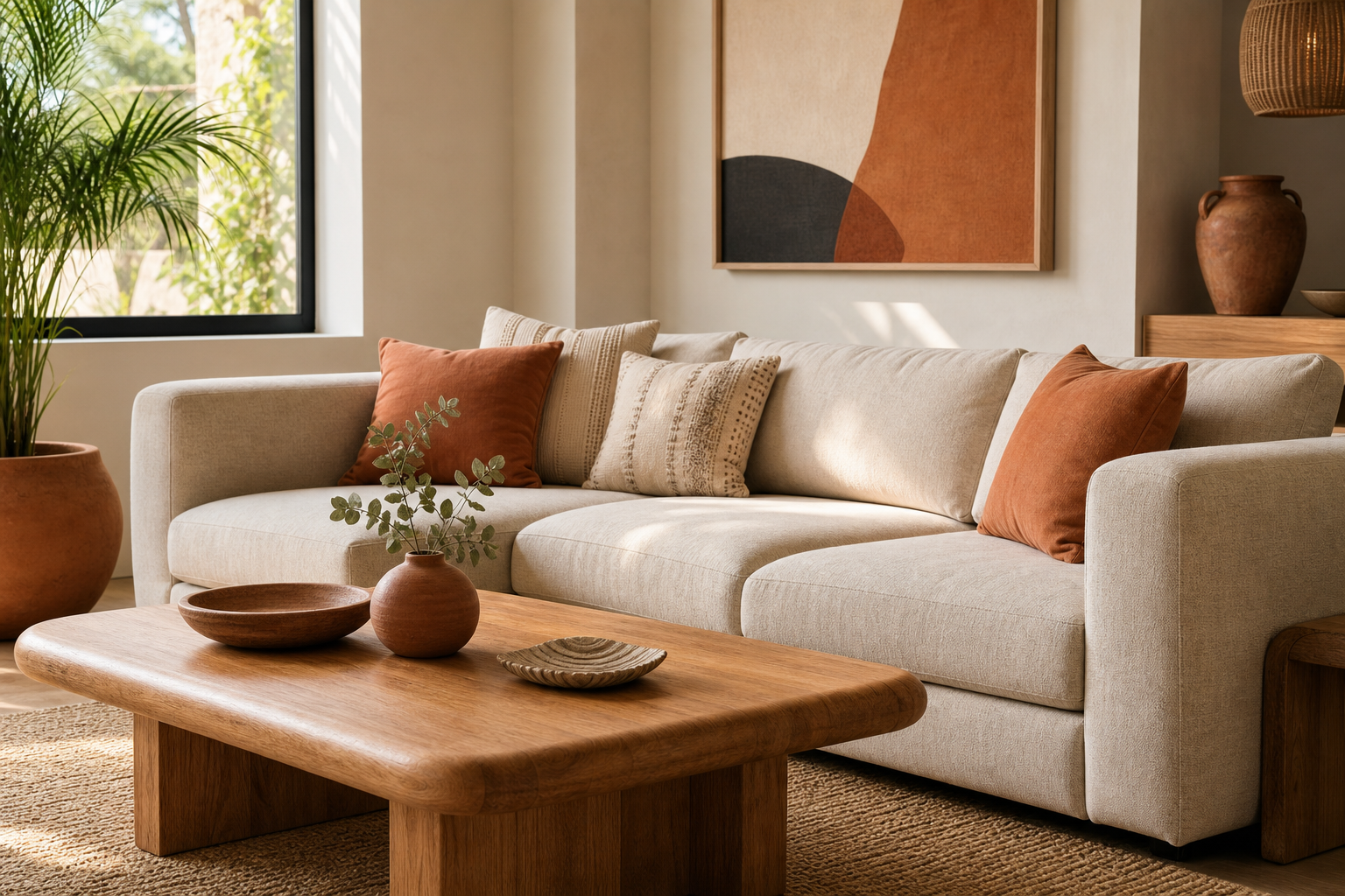 Sala contemporánea iluminada con sofá textil beige, mesa de madera natural y detalles artesanales cálidos