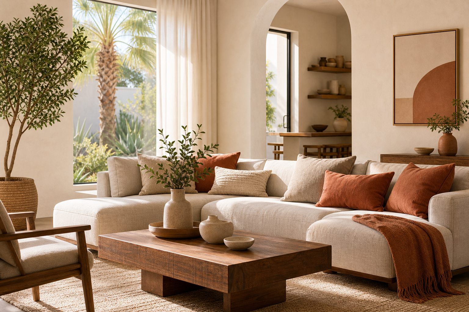 Bright contemporary living room with a neutral sofa, warm wood coffee table, soft natural light, and curated decor