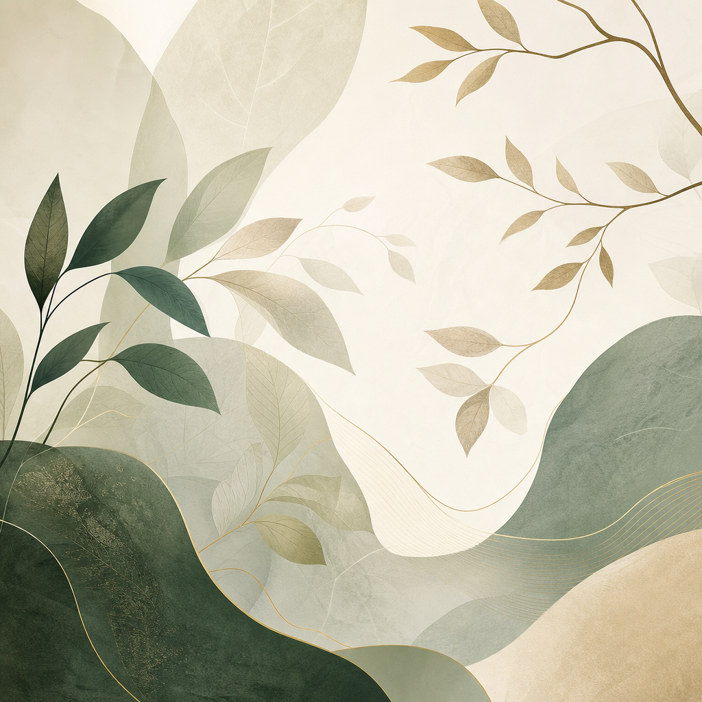 Elegant abstract forest-inspired composition with layered leaves and branch-like organic forms in restrained Eastern style