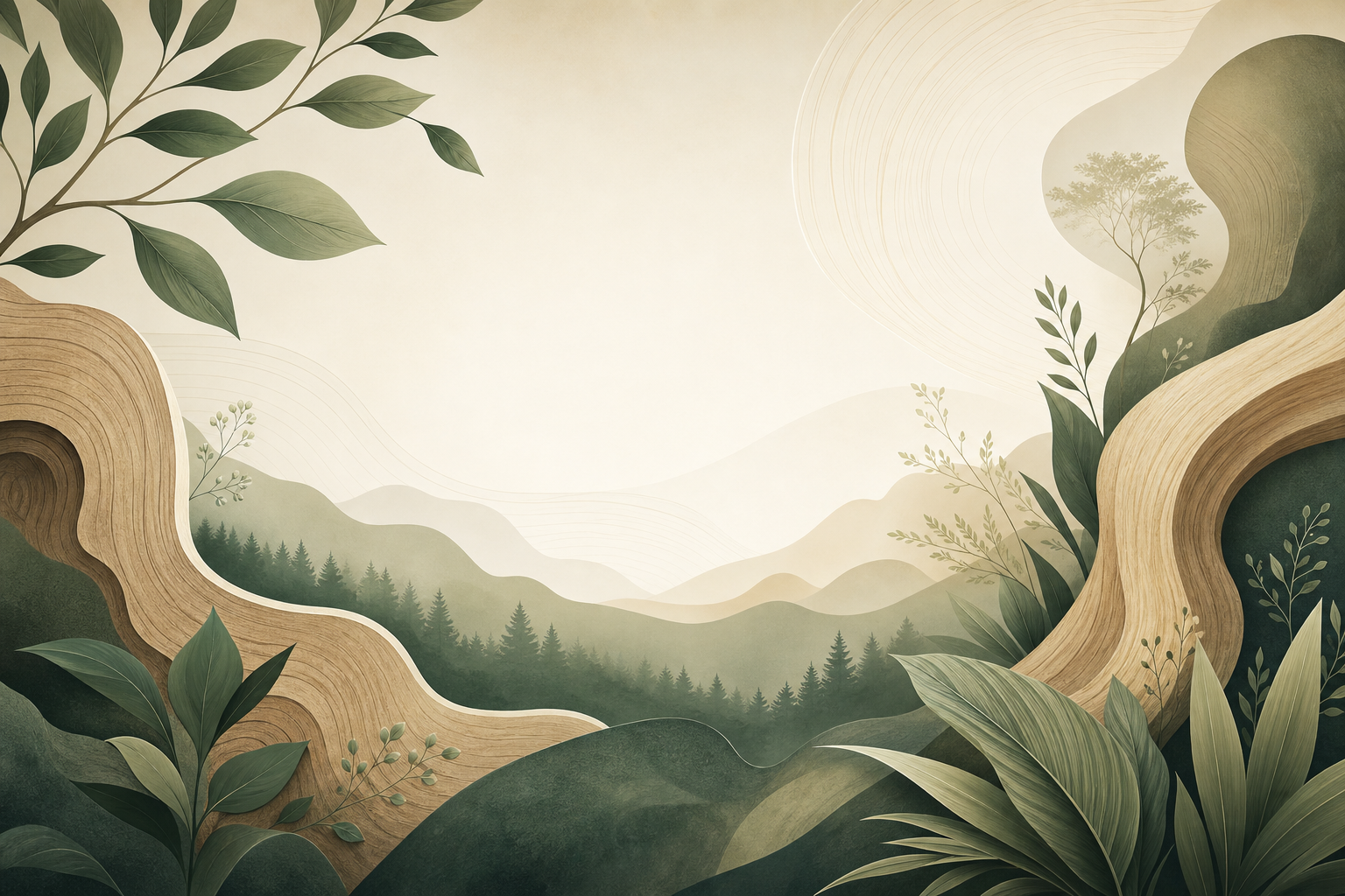 Abstract organic forest-growth illustration with layered botanical forms, editorial composition, and calm premium atmosphere