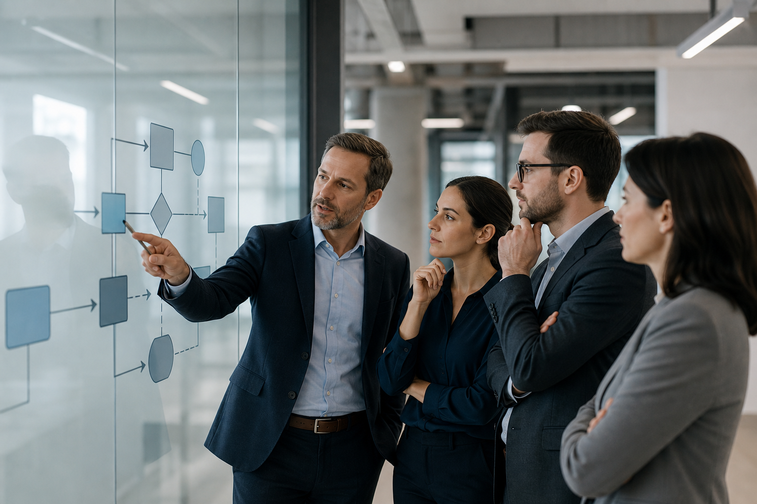 Executive team reviewing a workflow diagram on a glass wall in a modern office